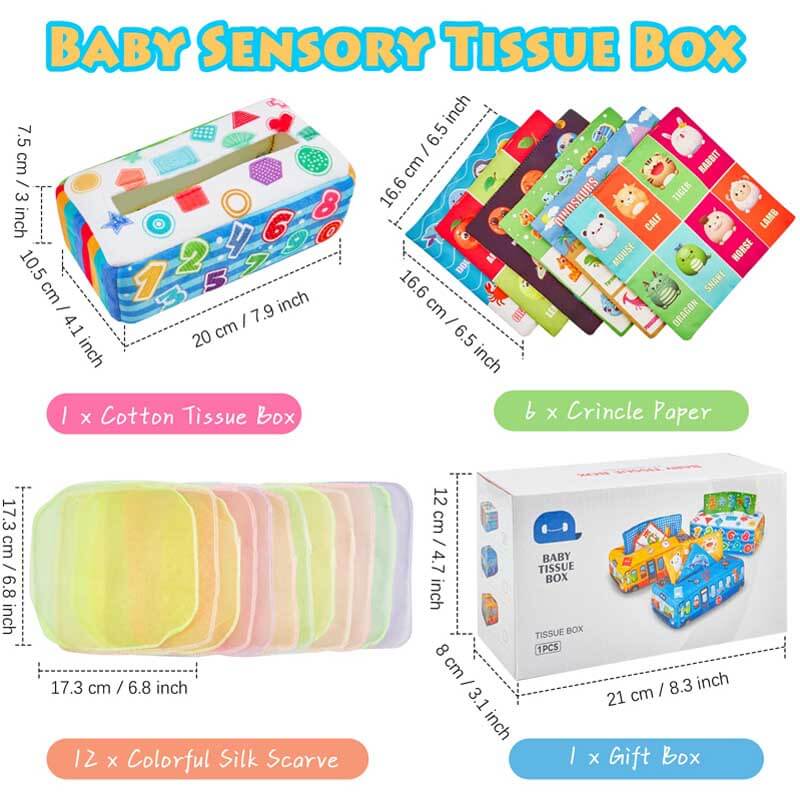 Baby Tissue Box Toys, Montessori Toy for Babies 6-12 Months Sensory Toys Magic Tissue Box with Crinkle Scarves Educational High Contrast Toys for Kids Toddlers Early Learning Gift | Shinymarch